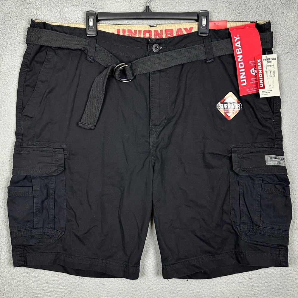 NEW Unionbay Shorts Mens 46 Survivor Black Cargo Belted Flat Front Utlity Pocket